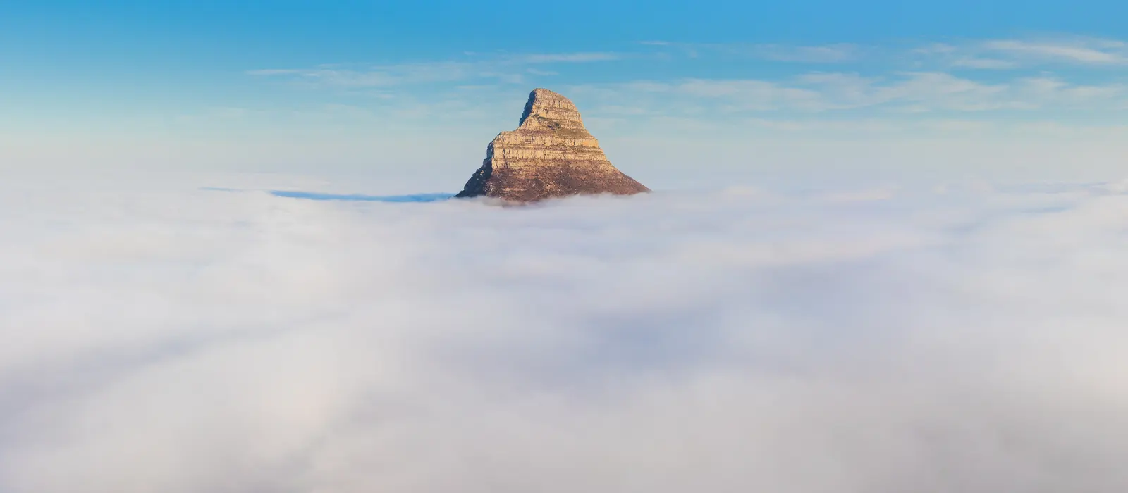 Lion's Head summit emerging from a sea of cloud, catching warm morning light against a clear blue sky